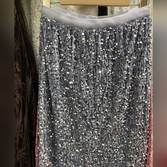 Silver Sequin Skirt Women Elegant Vintage Punk Evening Dress Slit Sexy - Picture 6 of 6